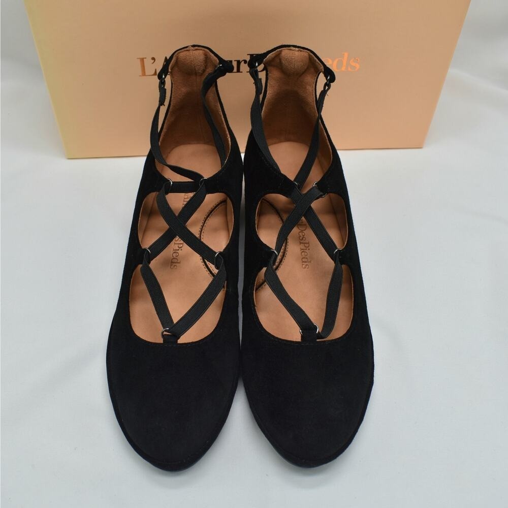 L'Amour Des Pieds Black Suede Leather Wedge Heel Shoes Womens Size 8 Dress New - Picture 3 of 16
